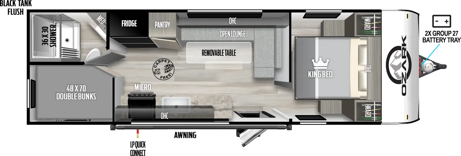 The 2400BHLE has zero slideouts and one entry. Exterior features 2x group 27 battery tray, awning, LP quick connect, and black tank flush. Interior layout front to back: foot-facing king bed with overhead cabinet and wardrobes on each side; open lounge wraps along inner wall to off-door side with overhead cabinet and removable table, pantry, and refrigerator; door side entry, kitchen counter with sink, cooktop, microwave, and overhead cabinets; rear off-door side full bathroom with medicine cabinet; rear door side double bunks. Carpet Free Interior.